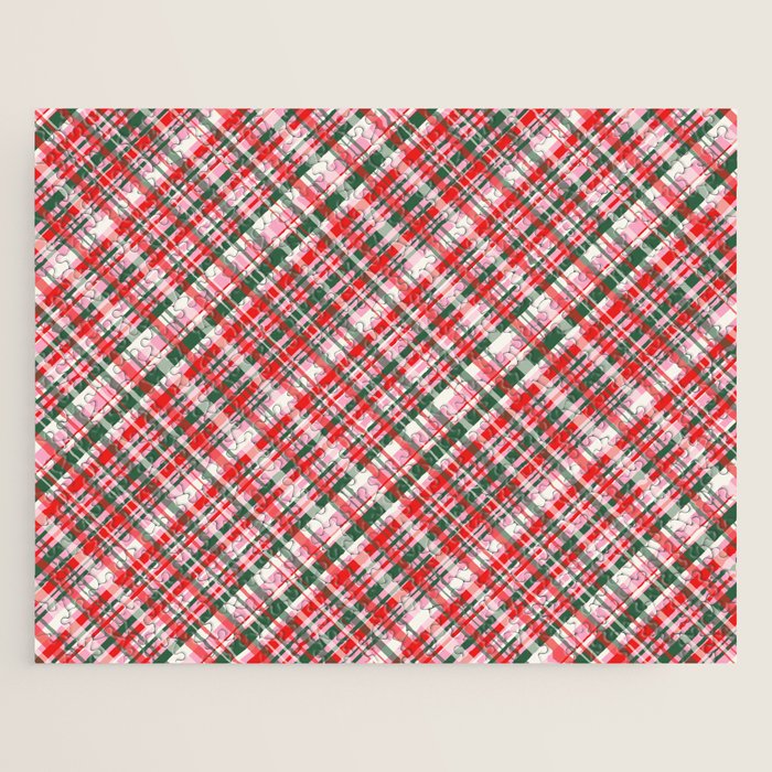 Pink Green and Red Christmas Tartan Plaid Pattern Jigsaw Puzzle Gallery Image 1