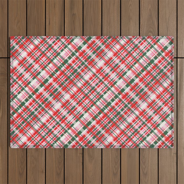 Pink Green and Red Christmas Tartan Plaid Pattern Outdoor Rug Gallery Image 1