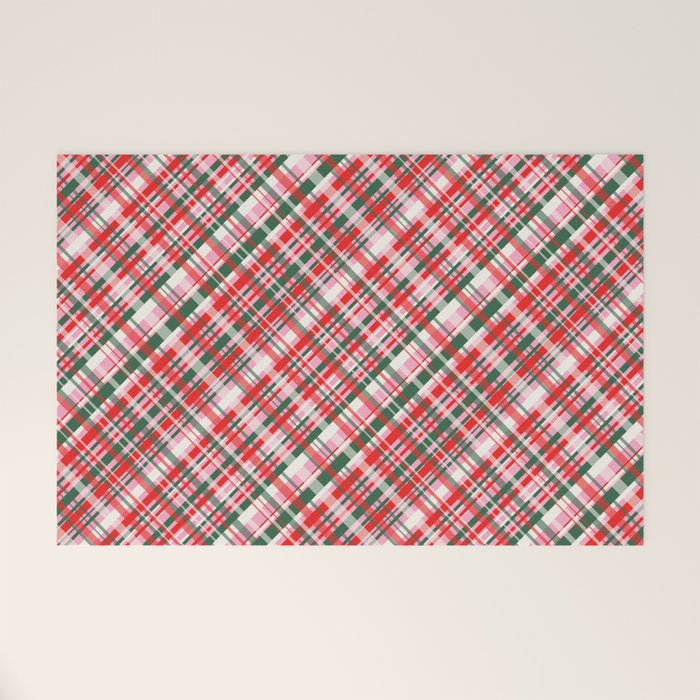 Pink Green and Red Christmas Tartan Plaid Pattern Welcome Mat Gallery Image 1