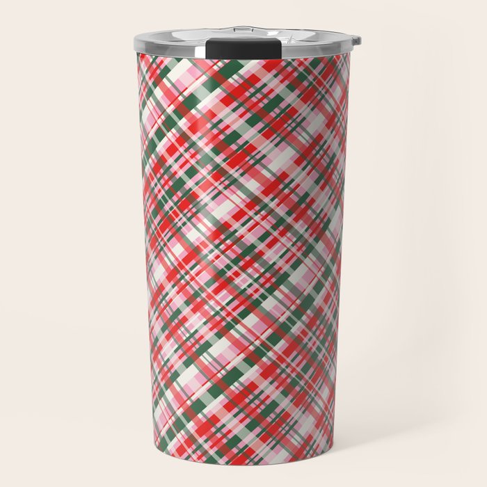 Pink Green and Red Christmas Tartan Plaid Pattern Travel Mug Gallery Image 1
