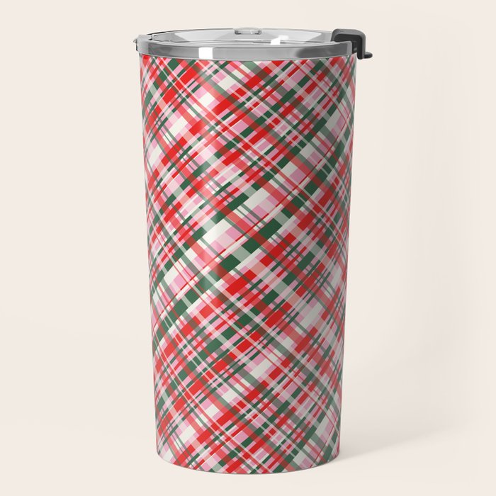 Pink Green and Red Christmas Tartan Plaid Pattern Travel Mug Gallery Image 2
