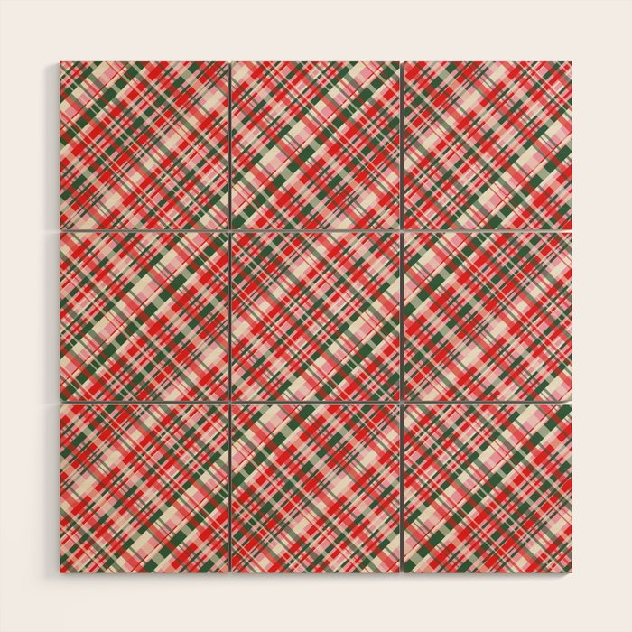 Pink Green and Red Christmas Tartan Plaid Pattern Wood Wall Art Gallery Image 1