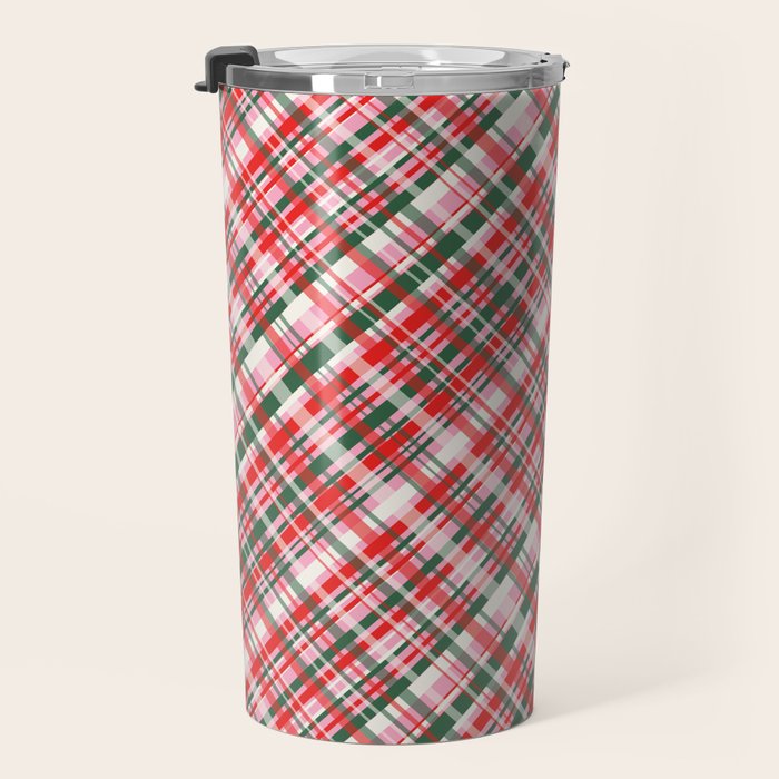 Pink Green and Red Christmas Tartan Plaid Pattern Travel Mug Gallery Image 3