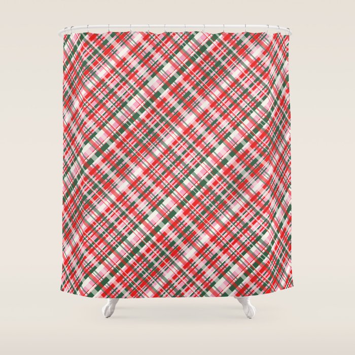 Pink Green and Red Christmas Tartan Plaid Pattern Shower Curtain Gallery Image 1