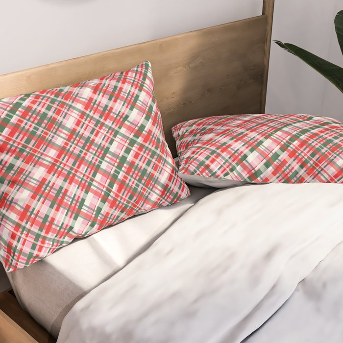 Pink Green and Red Christmas Tartan Plaid Pattern Pillow Sham Gallery Image 2