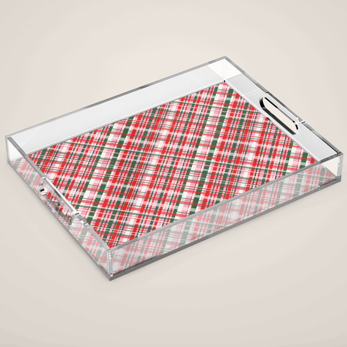 Pink Green and Red Christmas Tartan Plaid Pattern Acrylic Tray Gallery Image 1