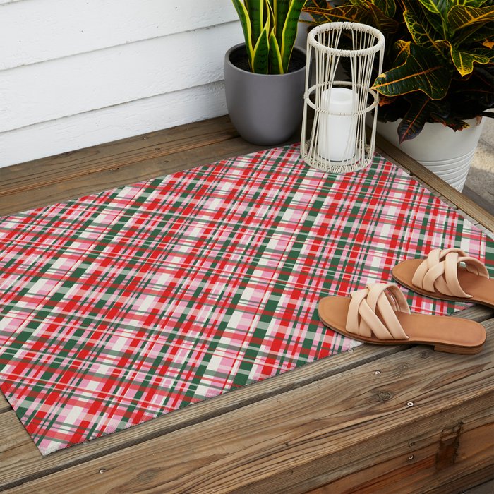 Pink Green and Red Christmas Tartan Plaid Pattern Outdoor Rug Gallery Image 2