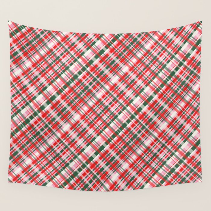 Pink Green and Red Christmas Tartan Plaid Pattern Wall Tapestry Gallery Image 4