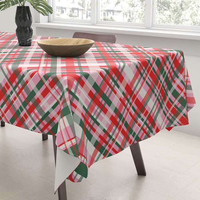 Pink Green and Red Christmas Tartan Plaid Pattern Tablecloth Gallery Image 3