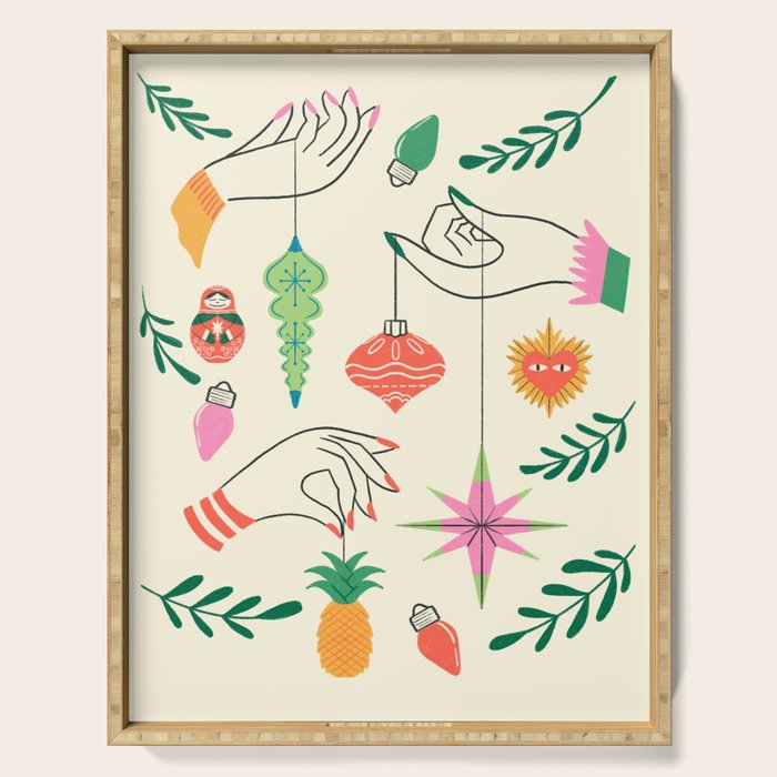 Tree Trimming Hands and Retro Ornaments Serving Tray Gallery Image 1