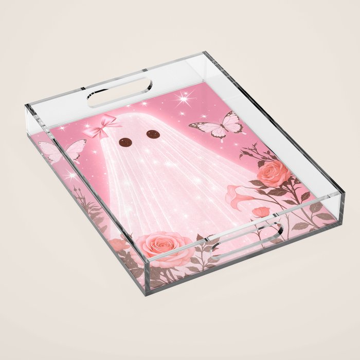 Romantic Pink Ghost with Bows and Butterflies Halloween Gothic Spooky Cute Art Acrylic Tray Gallery Image 1