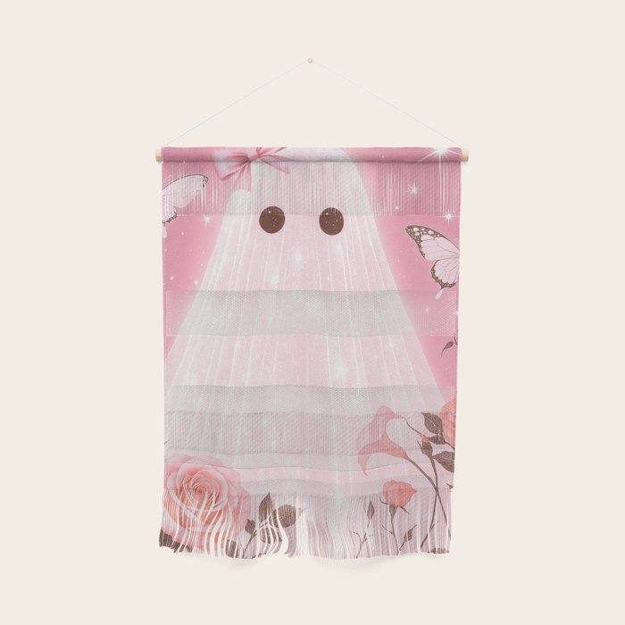 Romantic Pink Ghost with Bows and Butterflies Halloween Gothic Spooky Cute Art Wall Hanging Gallery Image 1