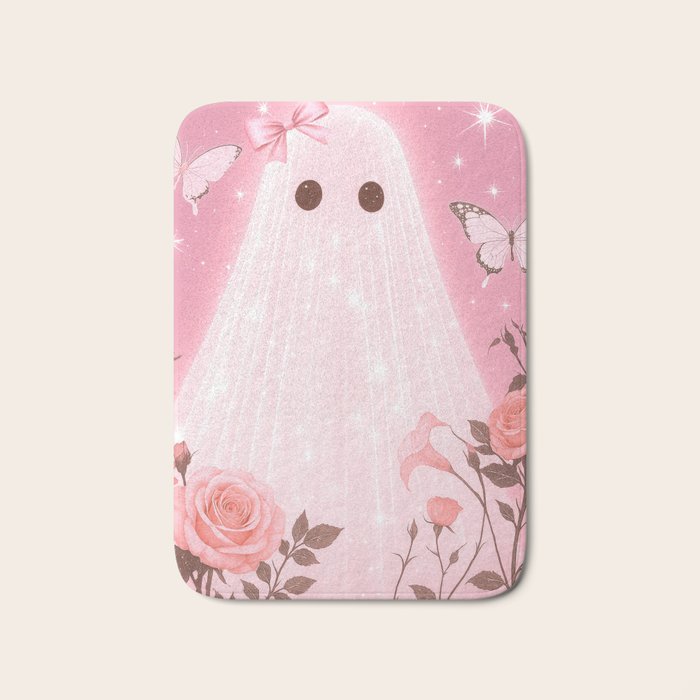 Romantic Pink Ghost with Bows and Butterflies Halloween Gothic Spooky Cute Art Bath Mat Gallery Image 1