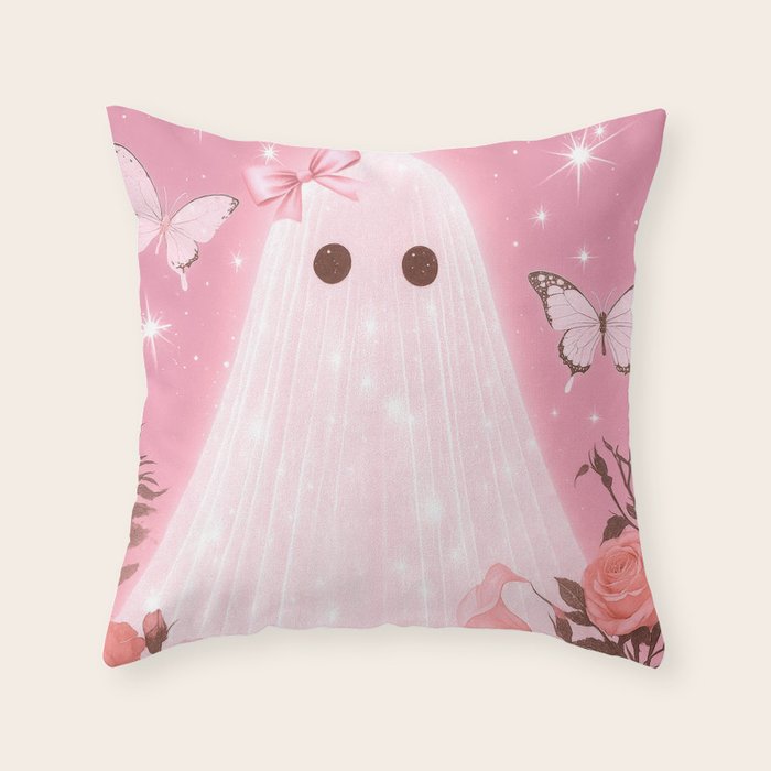 Romantic Pink Ghost with Bows and Butterflies Halloween Gothic Spooky Cute Art Throw Pillow Gallery Image 1