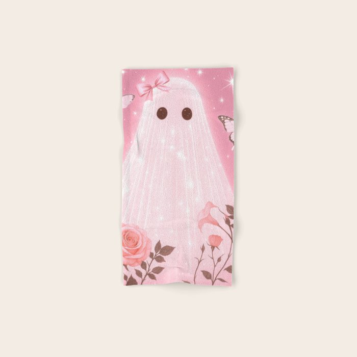 Romantic Pink Ghost with Bows and Butterflies Halloween Gothic Spooky Cute Art Bath Towel Gallery Image 1