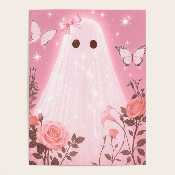 Romantic Pink Ghost with Bows and Butterflies Halloween Gothic Spooky Cute Art Poster Gallery Image 4