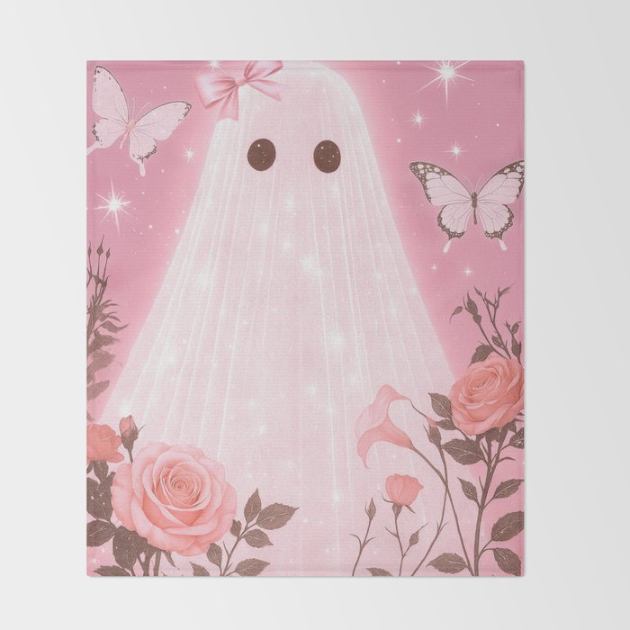 Romantic Pink Ghost with Bows and Butterflies Halloween Gothic Spooky Cute Art Throw Blanket Gallery Image 2