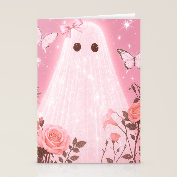 Romantic Pink Ghost with Bows and Butterflies Halloween Gothic Spooky Cute Art Stationery Card Gallery Image 2