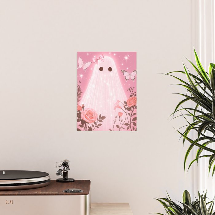 Romantic Pink Ghost with Bows and Butterflies Halloween Gothic Spooky Cute Art Poster Gallery Image 2