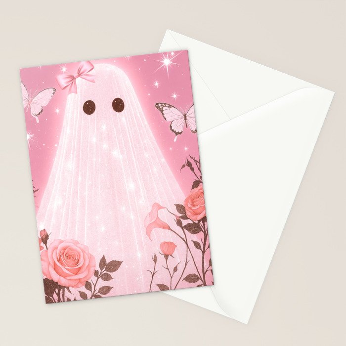 Romantic Pink Ghost with Bows and Butterflies Halloween Gothic Spooky Cute Art Stationery Card Gallery Image 2
