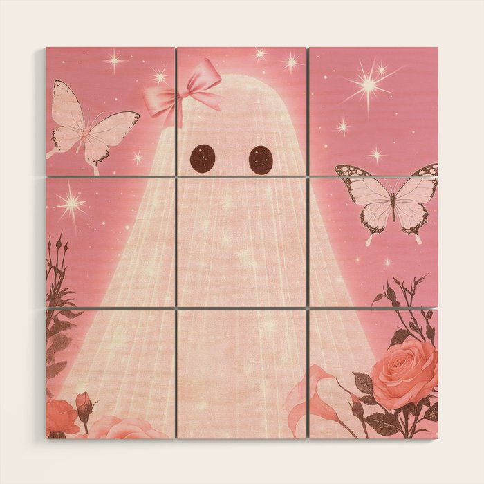 Romantic Pink Ghost with Bows and Butterflies Halloween Gothic Spooky Cute Art Wood Wall Art Gallery Image 1