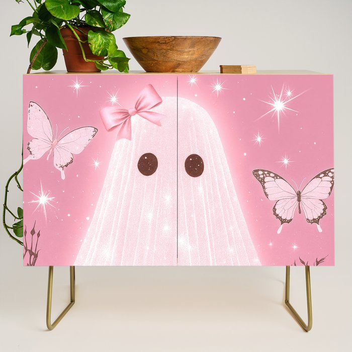 Romantic Pink Ghost with Bows and Butterflies Halloween Gothic Spooky Cute Art Credenza Gallery Image 1