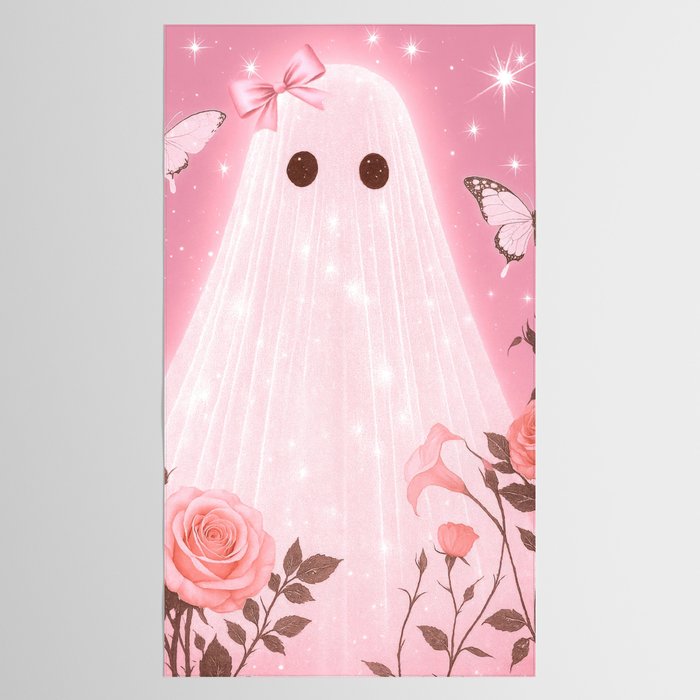 Romantic Pink Ghost with Bows and Butterflies Halloween Gothic Spooky Cute Art Tablecloth Gallery Image 2