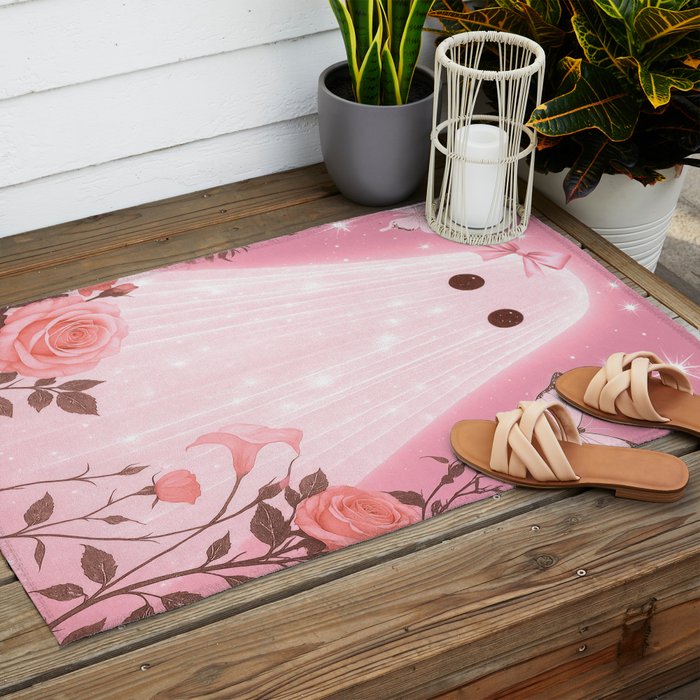 Romantic Pink Ghost with Bows and Butterflies Halloween Gothic Spooky Cute Art Outdoor Rug Gallery Image 2