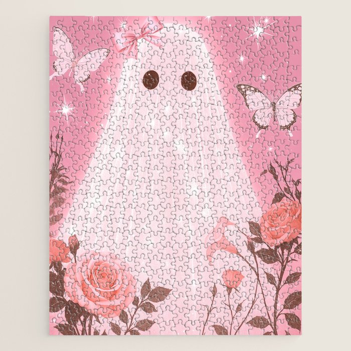 Romantic Pink Ghost with Bows and Butterflies Halloween Gothic Spooky Cute Art Jigsaw Puzzle Gallery Image 1