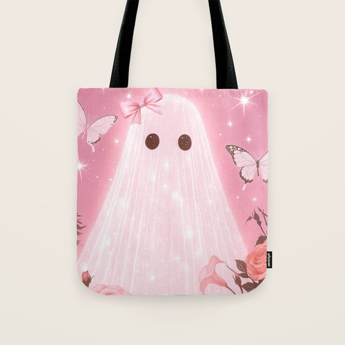 Romantic Pink Ghost with Bows and Butterflies Halloween Gothic Spooky Cute Art Tote Bag Gallery Image 1