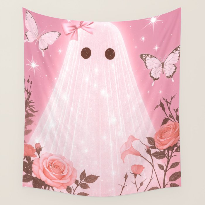Romantic Pink Ghost with Bows and Butterflies Halloween Gothic Spooky Cute Art Wall Tapestry Gallery Image 4