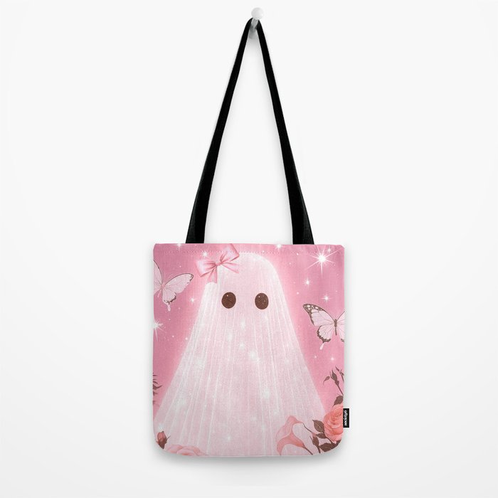 Romantic Pink Ghost with Bows and Butterflies Halloween Gothic Spooky Cute Art Tote Bag Gallery Image 2