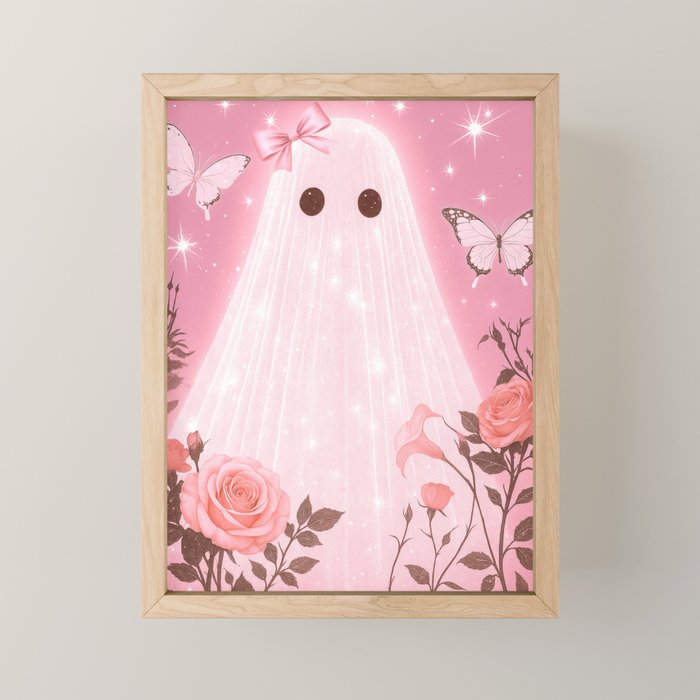 Romantic Pink Ghost with Bows and Butterflies Halloween Gothic Spooky Cute Art Mini Art Print Gallery Image 1