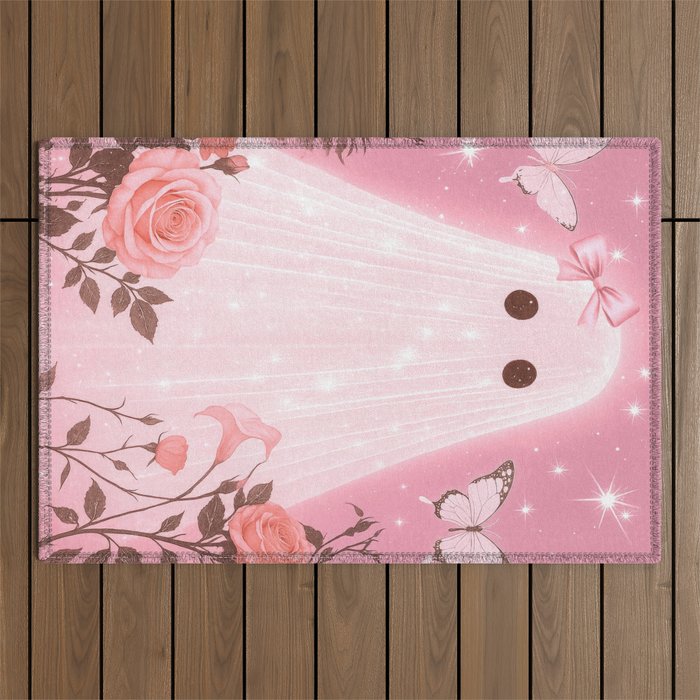 Romantic Pink Ghost with Bows and Butterflies Halloween Gothic Spooky Cute Art Outdoor Rug Gallery Image 1