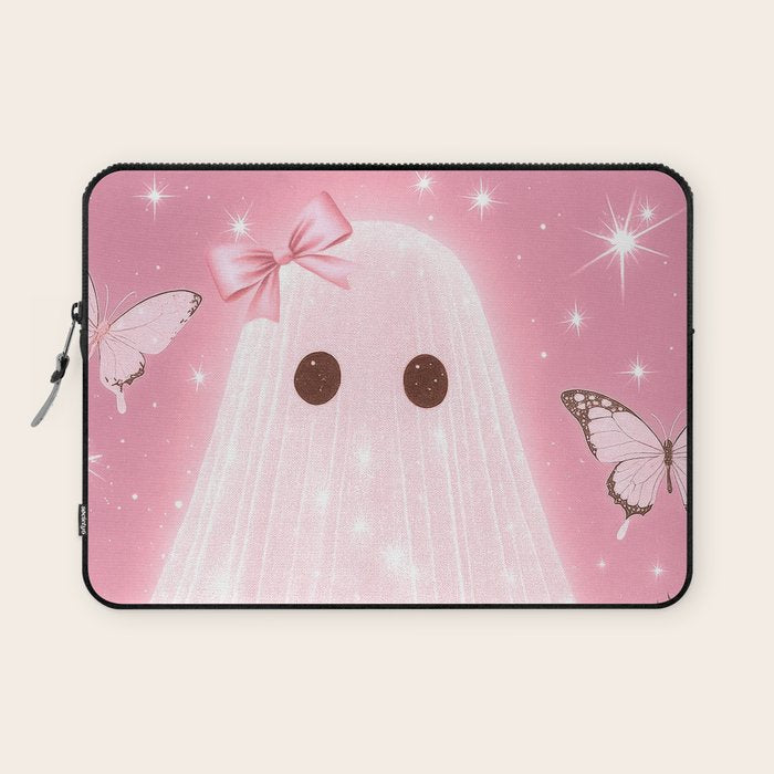 Romantic Pink Ghost with Bows and Butterflies Halloween Gothic Spooky Cute Art Laptop Sleeve Gallery Image 1