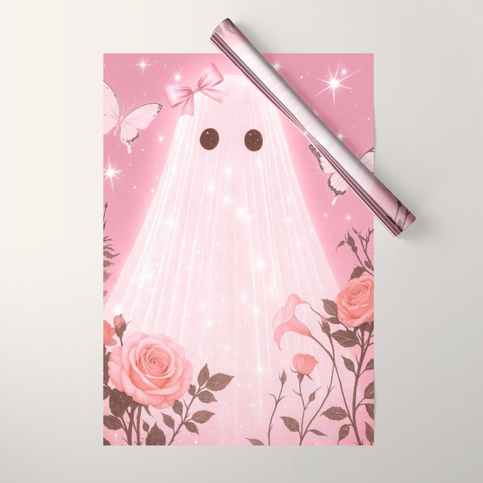 Romantic Pink Ghost with Bows and Butterflies Halloween Gothic Spooky Cute Art Wrapping Paper Gallery Image 1