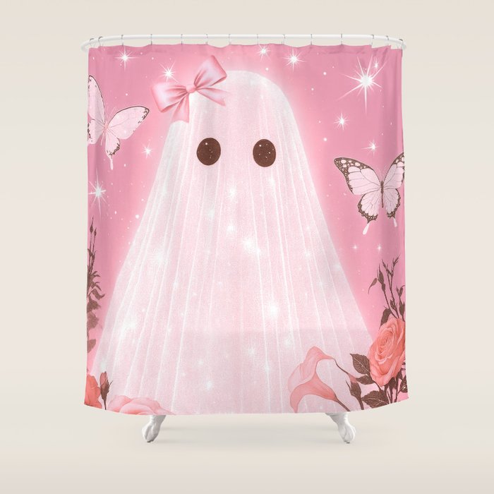 Romantic Pink Ghost with Bows and Butterflies Halloween Gothic Spooky Cute Art Shower Curtain Gallery Image 1