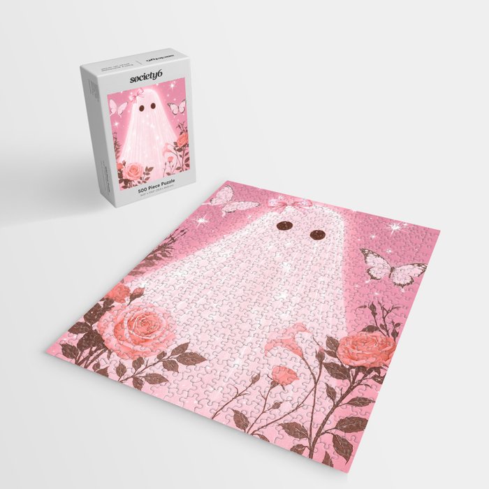 Romantic Pink Ghost with Bows and Butterflies Halloween Gothic Spooky Cute Art Jigsaw Puzzle Gallery Image 2