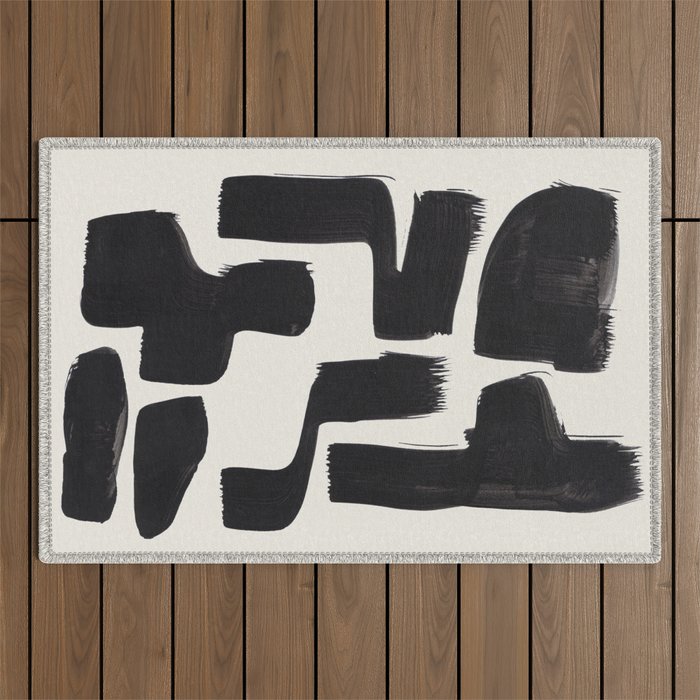 Mid Century Modern Minimalist Abstract Art Brush Strokes Black & White Ink Art Shapes Outdoor Rug Gallery Image 1