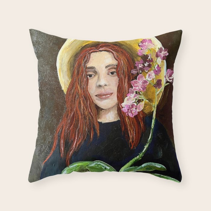 The Orchid Farmer Acrylic Painting Throw Pillow Gallery Image 1