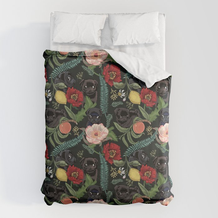 Botanical and Black Pugs Duvet Cover Gallery Image 1