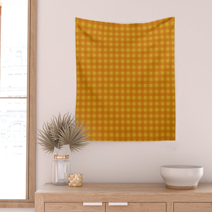 Gingham Check Pattern in Mustard Orange Yellow Wall Tapestry Gallery Image 2