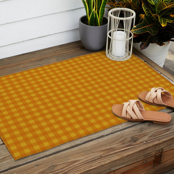 Gingham Check Pattern in Mustard Orange Yellow Outdoor Rug Gallery Image 2
