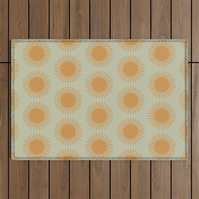Boho Summer Sun Pattern VIII Sage and Orange Outdoor Rug Gallery Image 1
