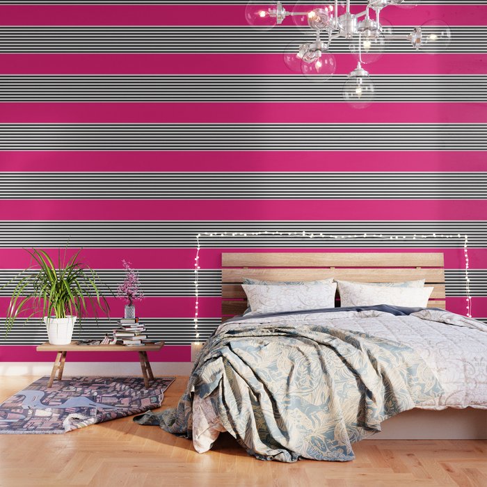 Hot Pink Magenta and Black and White Stripe Wallpaper Gallery Image 3