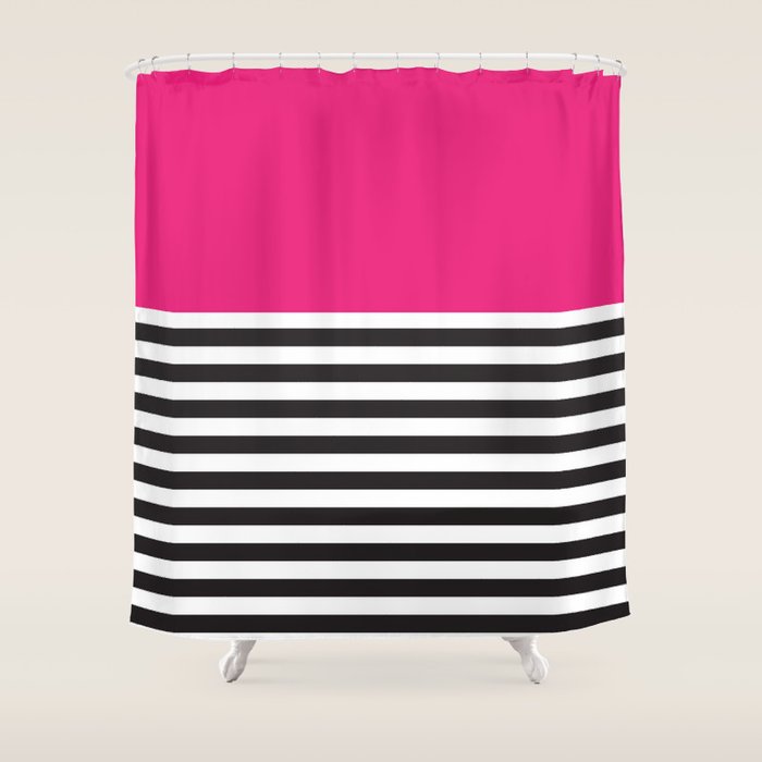 Hot Pink Magenta and Black and White Stripe Shower Curtain Gallery Image 1