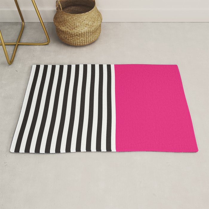 Hot Pink Magenta and Black and White Stripe Rug