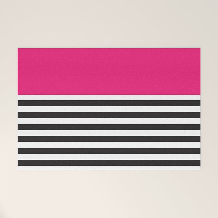 Hot Pink Magenta and Black and White Stripe Welcome Mat Gallery Image 1