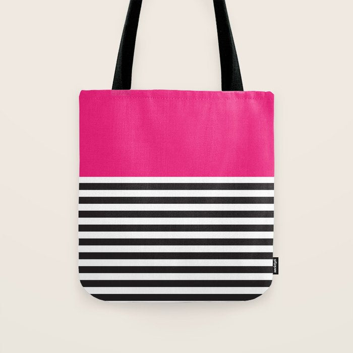 Hot Pink Magenta and Black and White Stripe Tote Bag Gallery Image 1