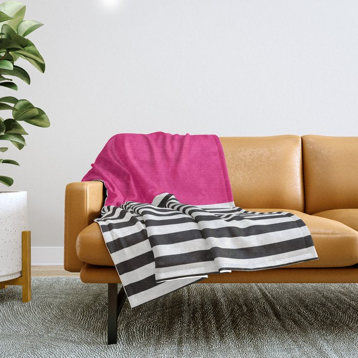 Hot Pink Magenta and Black and White Stripe Throw Blanket Gallery Image 1